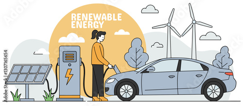 Woman charging an electric car at a renewable energy charging station. Minimalist flat design illustration