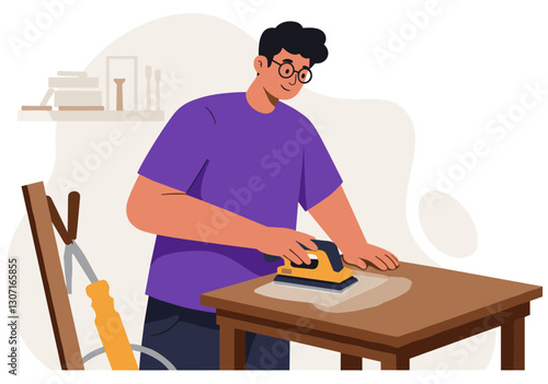 Man repairing furniture at home. Minimalist flat design illustration
