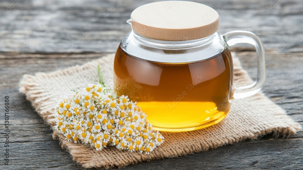 Glass Jar of Honey with Wooden Lid and Fresh Flowers on Table Glass Jar of Honey with Wooden Lid and Fresh Flowers on Table