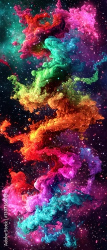 A vibrant, colorful nebula swirls through a starry background, showcasing hues of pink, green, blue, and orange in a cosmic display.