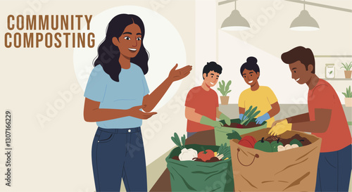 Indian woman in community center doing community composting with activist. Colorful vector cartoon
