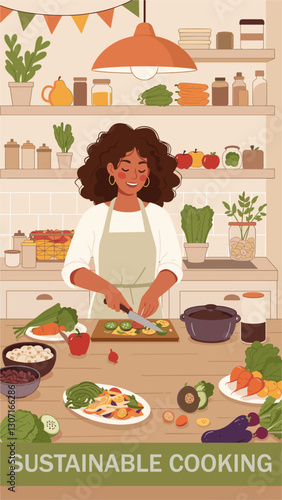 Latin woman cooking vegan food with organic ingredients. Sustainable cooking concept. Colorful minimalist flat design illustration