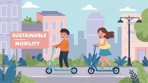Sustainable mobility representing by two kids using electric scooters. Environmental conservation concept. Colorful flat design illustration