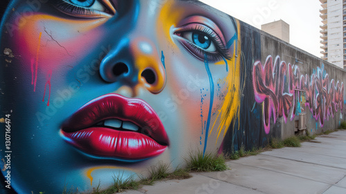 vibrant street art mural featuring woman face with striking blue eyes and colorful paint drips, showcasing urban creativity and expression