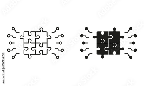 Digital Square Jigsaw Line and Silhouette Icon Set. Puzzle Challenge, Teamwork, Logic Game, Idea Sign. Combination Solution, Pieces Match Icon. Editable Stroke. Isolated Vector Illustration