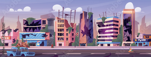 Ruined city. War zone destroy, abandoned damaged buildings broken houses after earthquake collapse disaster post apocalypse cartoon game background, swanky vector illustration