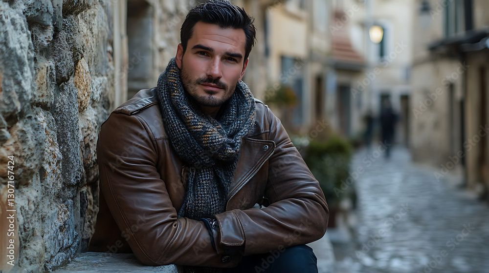 Obraz premium stylish male model wearing leather jacket scarf and jeans leaning on old wall in historic town showcasing relaxed travel fashion and mens style portrait