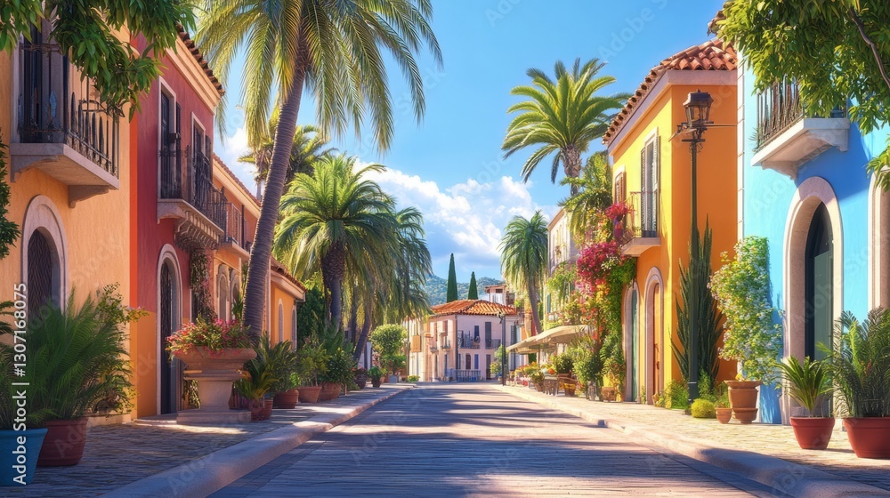 Fototapeta premium Palm-lined streets of a historic Mediterranean town, colorful buildings, vibrant blue sky, relaxing vacation atmosphere, ultra-detailed, high resolution, 4K.