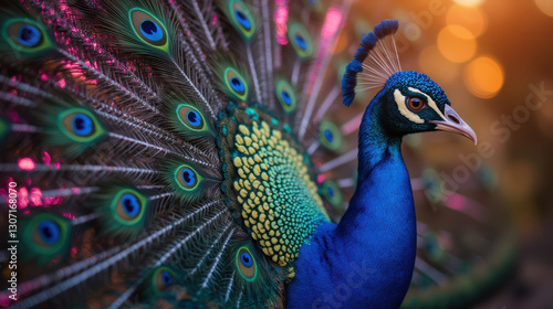 vibrant peacock displays its colorful feathers, showcasing intricate patterns and hues. scene captures beauty and elegance of this majestic bird