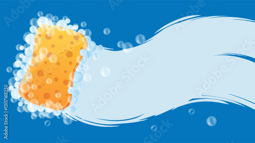 Sponge wash surface. Yellow sponges cleanup dirty window, wipe glass or tile wall wash with soap foam bubbles cleansing brushe, cleaning service concept tidy vector illustration