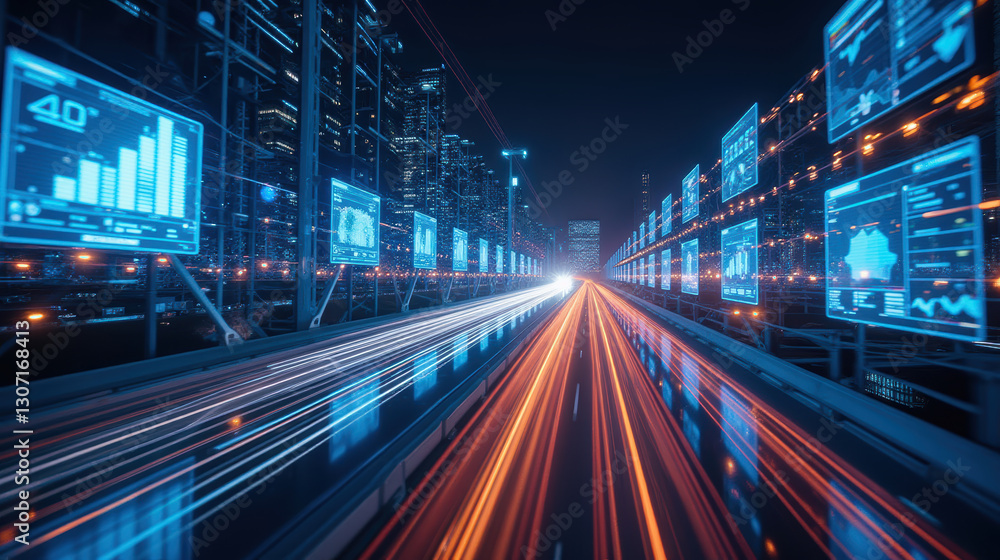 Obraz premium Futuristic cityscape with data visualization and light trails at night