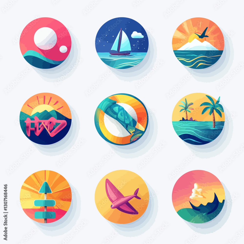 Nautical travel icons set with boat, plane, landscape and directions Nautical travel icons set with boat, plane, landscape and directions