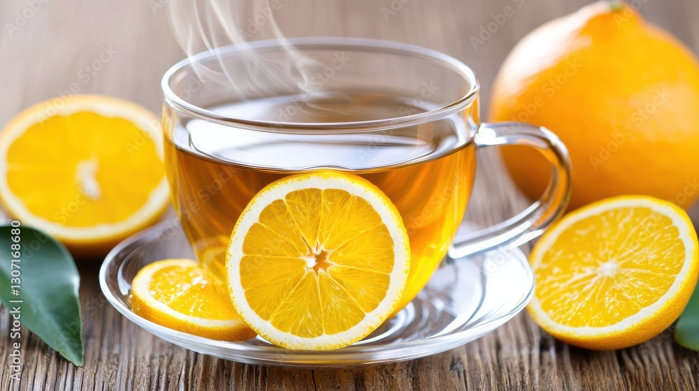 A steaming cup of lemon tea with fresh lemon slices. A steaming cup of lemon tea with fresh lemon slices.