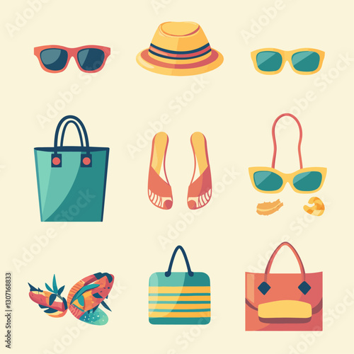 Beach accessories flat design including sunglasses hat bags and sandals