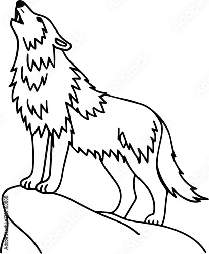 SVG vector features hand-drawn forest animals with line art. Howling Wolf Silhouetted against a Moonlit Landscape