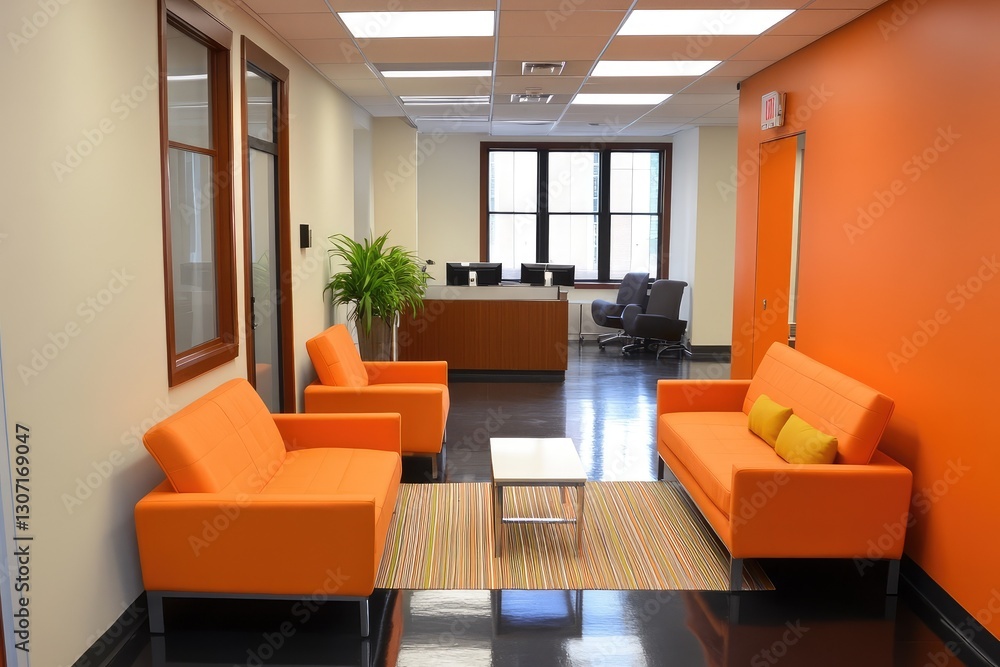 Fototapeta premium Orange office waiting area. AI generated illustration.