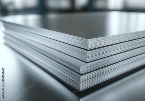 Wallpaper Mural Close-up View of Stack of Silver Metal Sheets on Reflective Surface in Brightly Lit Industrial Environment with Soft Focus Background Torontodigital.ca