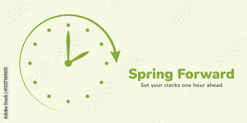 Spring Forward. Daylight Saving Time Start banner with clocks turning forward one hour. Vector illustration