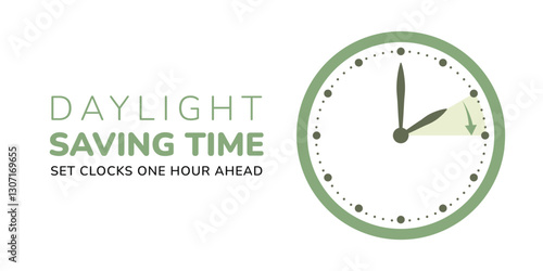 Spring Forward. Daylight Saving Time Start banner with clocks turning forward one hour. Vector illustration