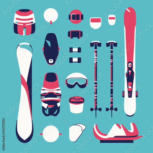 Skiing and Snowboarding Gear Vector Illustration on Blue Background