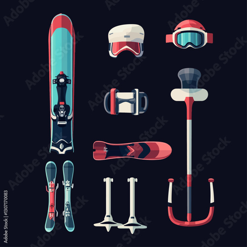 Vector ski snowboard equipment set winter sport activity flat lay design