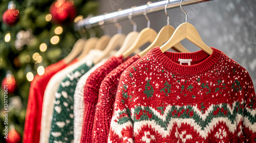 Holiday sweaters displayed for shopping during festive season at local store