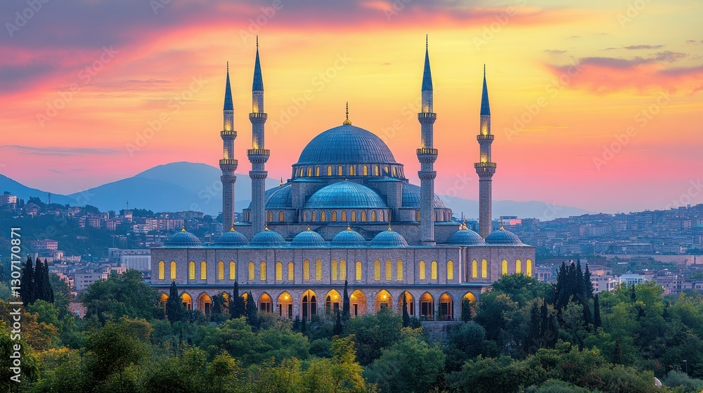 Obraz premium Majestic Sunset over the Camlica Mosque in Istanbul, Turkey