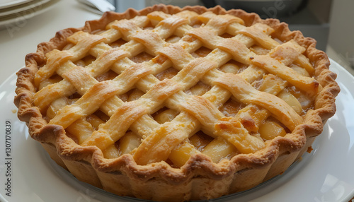 Delicious Apple Pie with Lattice Crust on a White Plate