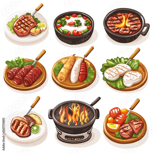 Assorted Grilled Food Art Illustration Collection on White Background