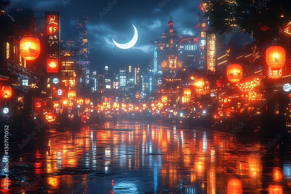 Fototapeta premium Illuminated City Street with Red Lanterns and Crescent Moon at Night