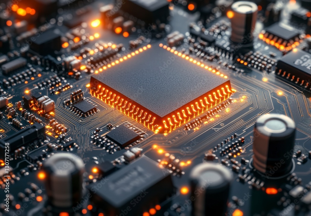 Close-up View of a High-Tech Computer Chip on Circuit Board Close-up View of a High-Tech Computer Chip on Circuit Board