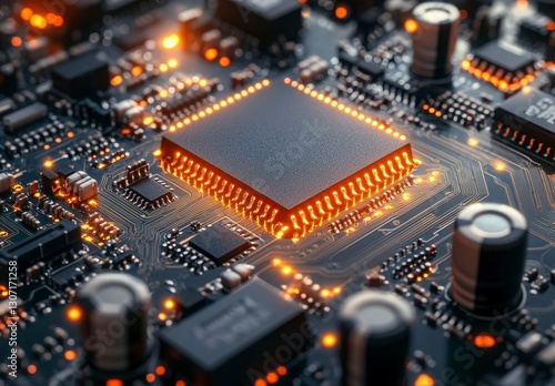 Close-up View of a High-Tech Computer Chip on Circuit Board