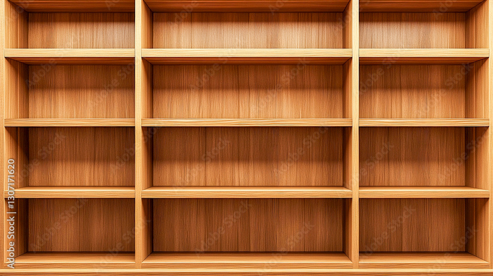 Wooden shelving unit with empty compartments ready for decoration or storage in a contemporary space Wooden shelving unit with empty compartments ready for decoration or storage in a contemporary space