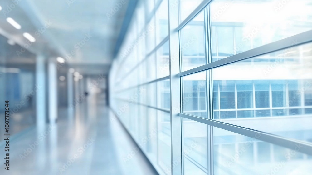 Bright and modern hospital corridor with panoramic windows and soft lighting. Spacious medical hallway with a light blue color palette, abstract blurred background, and ample copy space for healthcare Bright and modern hospital corridor with panoramic windows and soft lighting. Spacious medical hallway with a light blue color palette, abstract blurred background, and ample copy space for healthcare