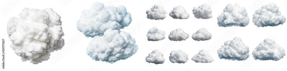 Assortment of Wispy Cumulus Clouds in Various Shapes and Sizes This image features a collection of fluffy white and gray clouds against a clear sky background Assortment of Wispy Cumulus Clouds in Various Shapes and Sizes This image features a collection of fluffy white and gray clouds against a clear sky background