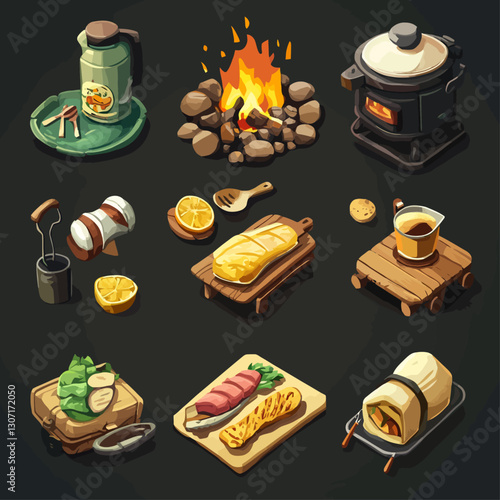 Camping Food and Cooking Illustration with Bonfire and Ingredients Set