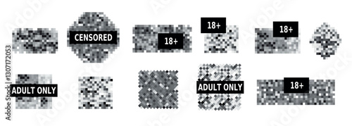 Censore pixels. Screen tv censoring bars square sign, pixel mosaic blur effect sensitive shock content word censorship hiding naked body anonymous face, classy vector illustration