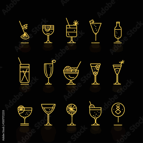 Golden line art of various cocktail glasses against a sleek black backdrop