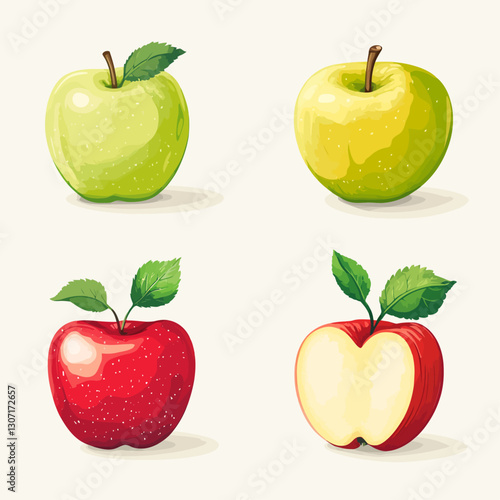 Fresh Apples in Green and Red Varietals on a White Background Vector