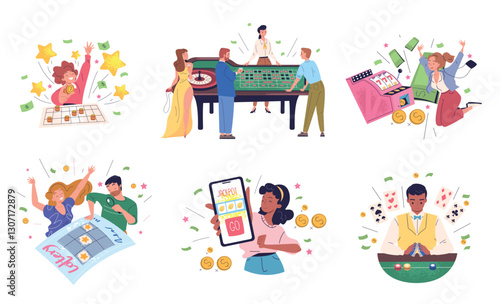 People gambling. Gamblers betting wager, casino visitors spin roulette playing poker or lottery gamble machine bingo win money prize online bets player, classy vector illustration