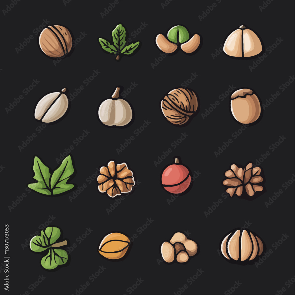 Assorted Nuts and Leaves Illustration on Dark Background, Food Graphic Assorted Nuts and Leaves Illustration on Dark Background, Food Graphic
