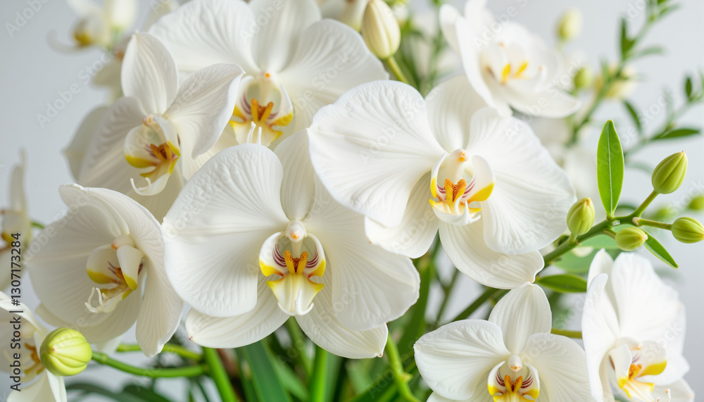 Obraz premium Exquisite white orchids bouquet in soft lighting, luxury floral design