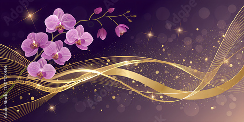 Abstract golden wave design with golden and purple bokeh. Purple orchid flowers. Purple background for use on greeting cards and discount coupons.