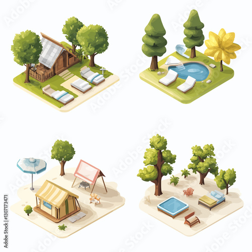 Isometric illustration showcases glamping, camping, and poolside vacation rentals