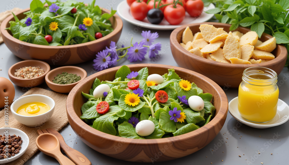 Fresh Easter salad with edible flowers, quail eggs, cherry tomatoes, and mixed greens in wooden bowls, served with cheese and dressing Fresh Easter salad with edible flowers, quail eggs, cherry tomatoes, and mixed greens in wooden bowls, served with cheese and dressing