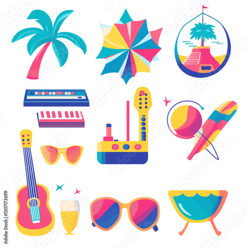 Vibrant Summer Vibes: Musical Instruments, Beach Elements, and Tropical Icons