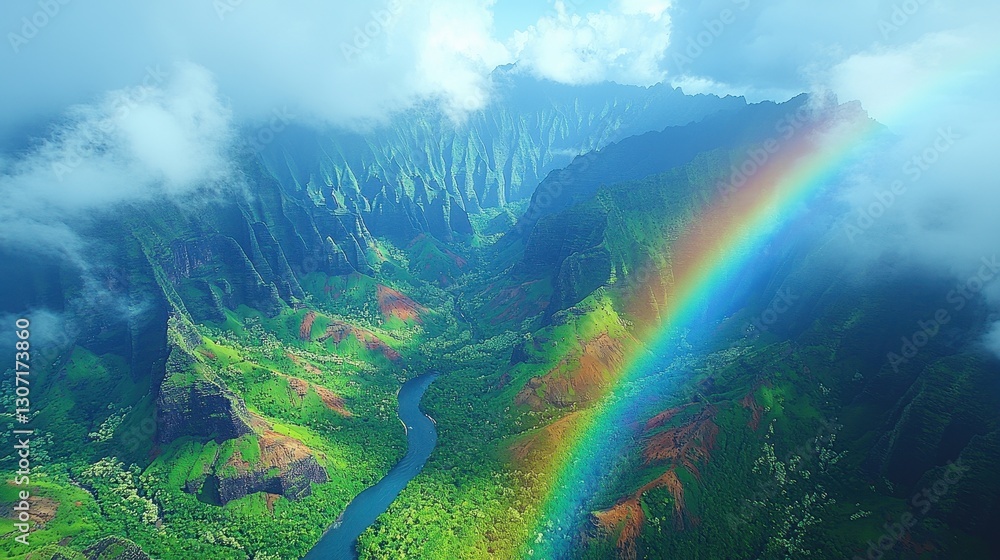 Fototapeta premium Hawaiian Valley Rainbow Aerial View
