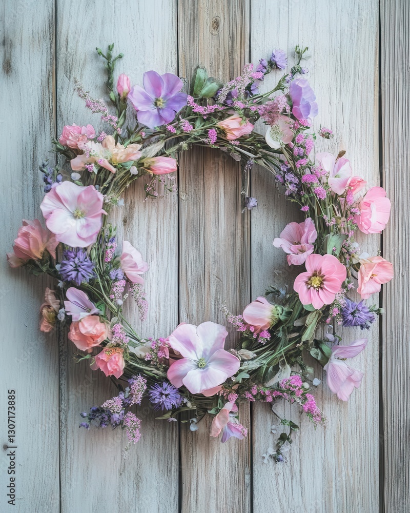 Enchanting Spring Floral Wreath with Delicate Pink and Purple Wildflowers on Rustic Wooden Background Perfect for Wedding and Home Decor Enchanting Spring Floral Wreath with Delicate Pink and Purple Wildflowers on Rustic Wooden Background Perfect for Wedding and Home Decor