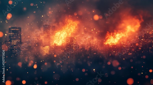 fire, line-art, macro, cityscape background, bright fire contrasting against the night skyline, soft smoke blending with the city lights.