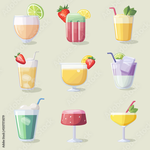 Colorful summer cocktails and drinks with fruit garnish vector illustration
